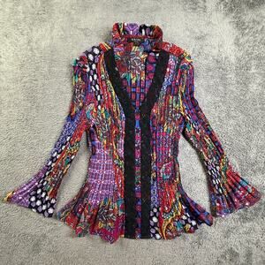 Kriss Sweden L Womens Stained Glass Print Lace Trim Button Blouse Colorful Goth